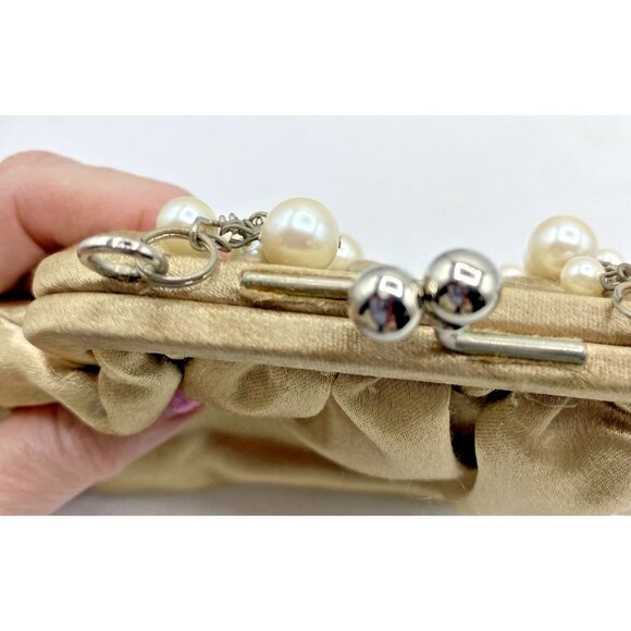 Carolee Mini Handbag Gold Satin Beaded Handle Evening Clutch Kiss Lock Purse - Picture 13 of 16
